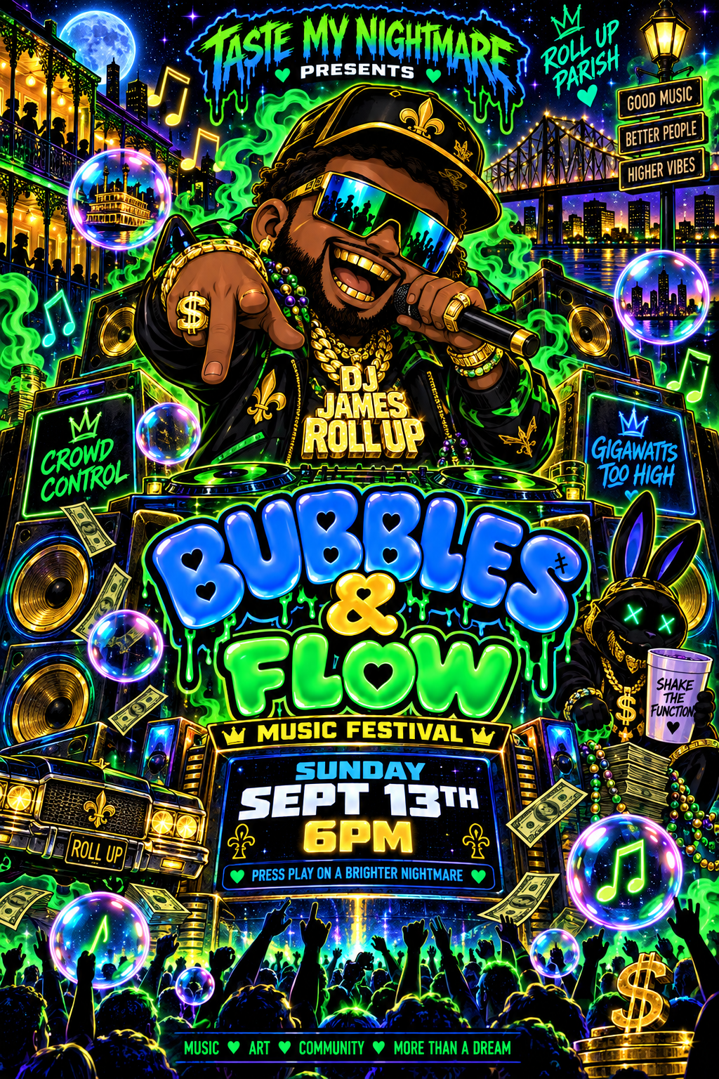 Bubbles and Flow festival flyer featuring DJ James Roll Up