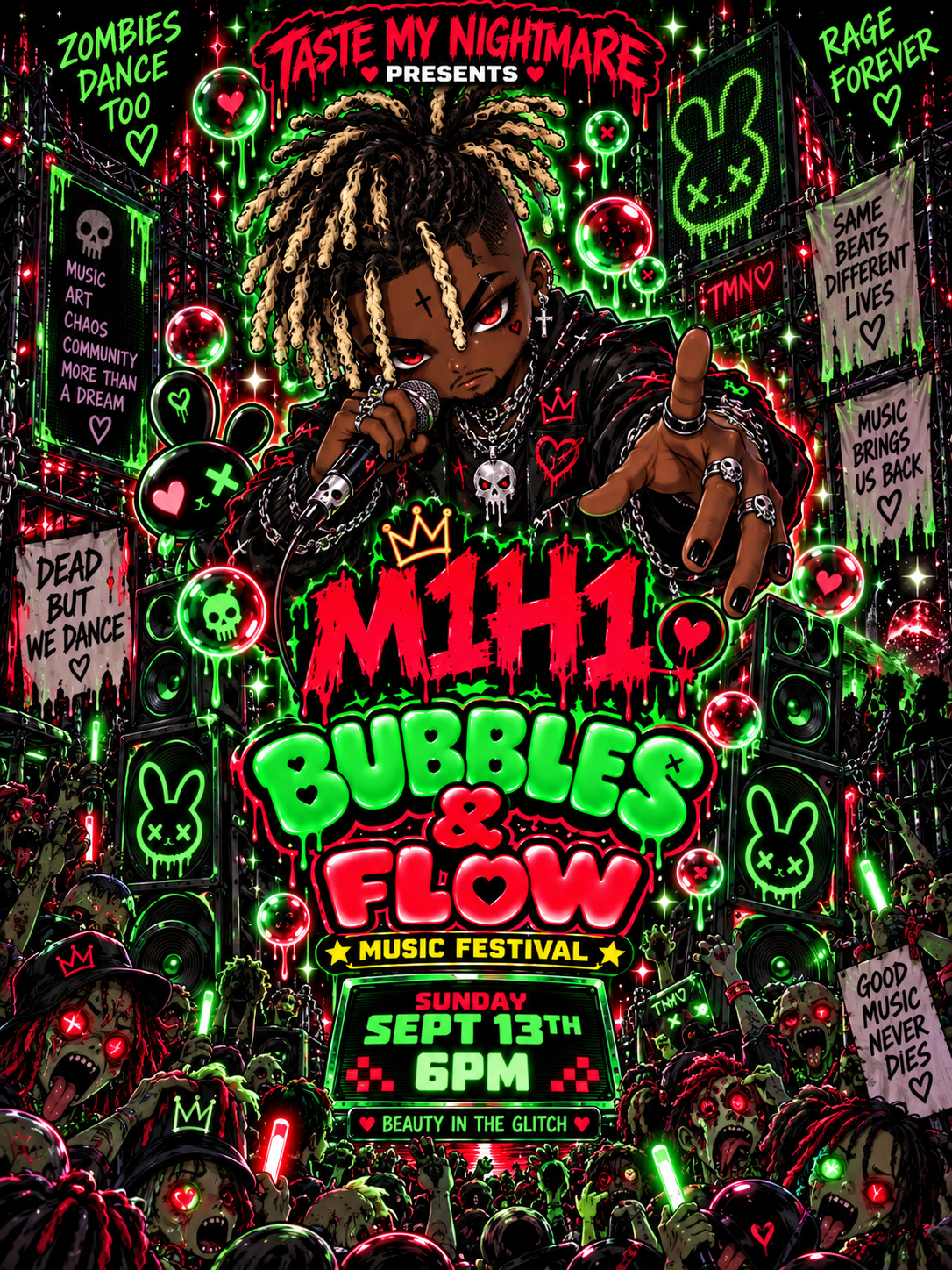 Bubbles and Flow festival flyer featuring M1H1