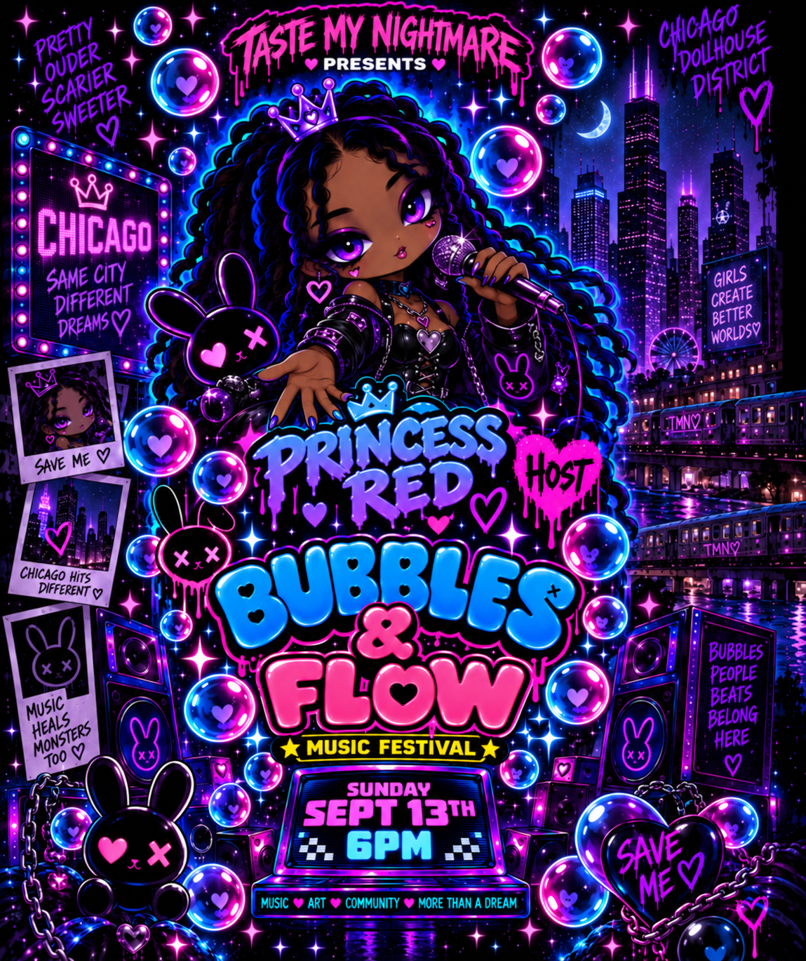 Bubbles and Flow festival flyer featuring Princess Red